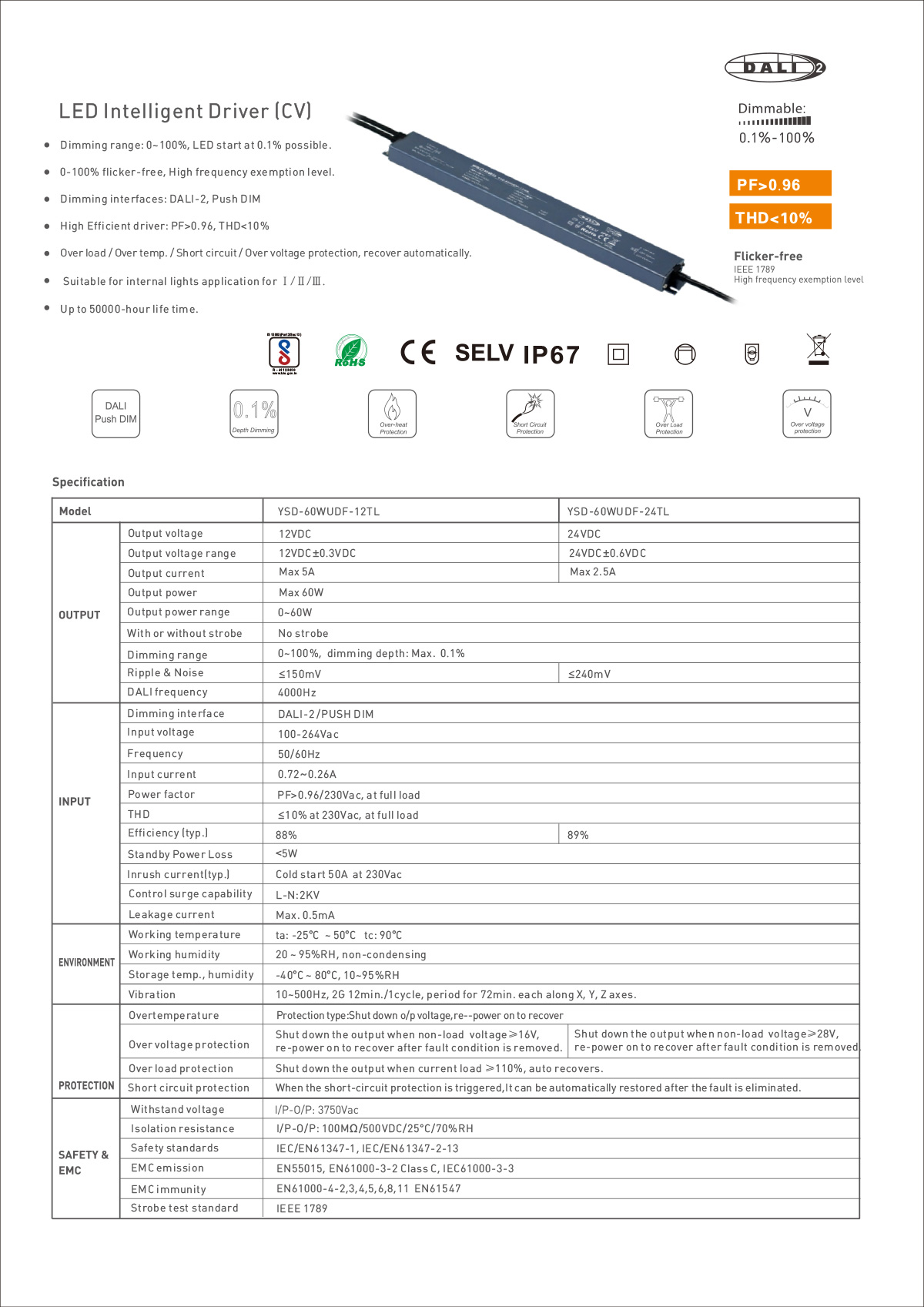 Hotel project Intelligent system DT6 non-polar constant voltage DALI dimming power supply 60W