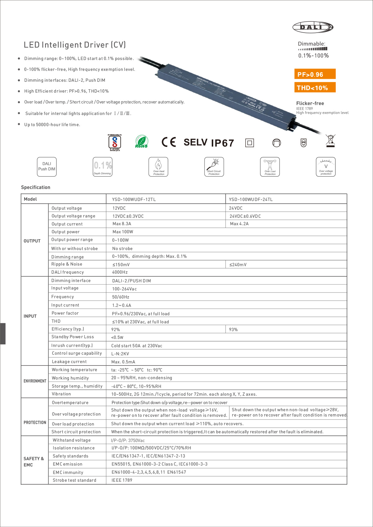 With good compatibility DT6DALI waterproof dimming power supply constant voltage 100W Push